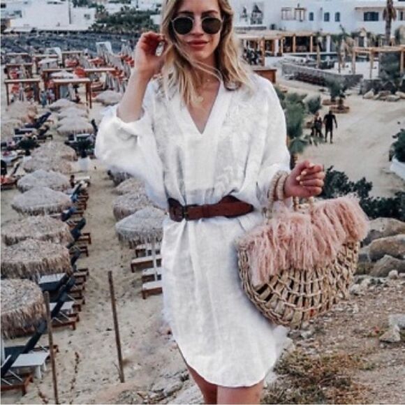 Zara Other - ZARA Linen Jacquard Embroidered Tunic Midi Dress Swimwear Coverup White XS